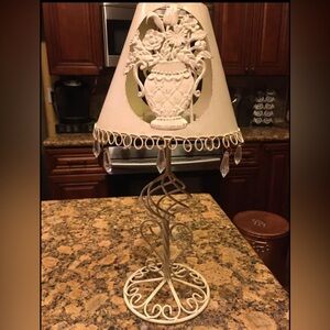 Vintage shabby chic White metal candle holder with Crystal Drops